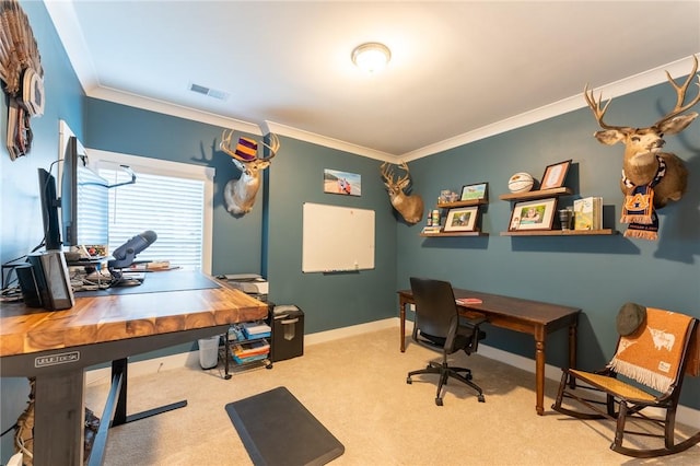 home office featuring light colored carpet and ornamental molding