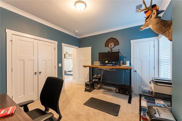 office area featuring ornamental molding and light colored carpet