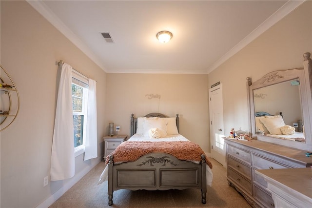 carpeted bedroom featuring crown molding