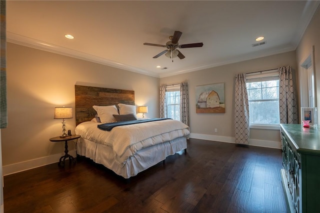 bedroom with dark wood-type flooring and ornamental molding