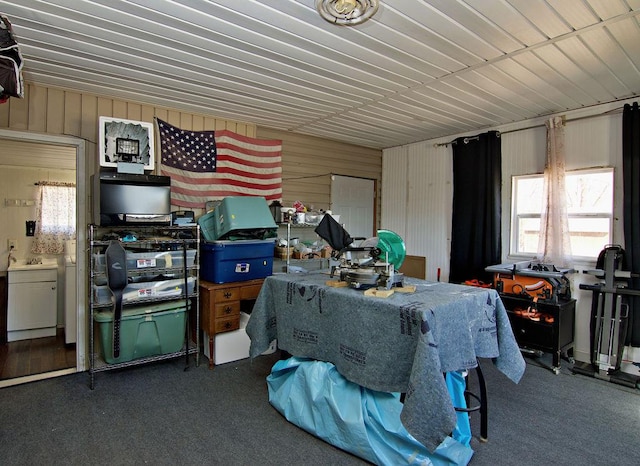 interior space featuring dark carpet