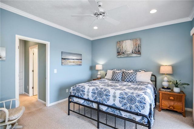 carpeted bedroom with ceiling fan and ornamental molding