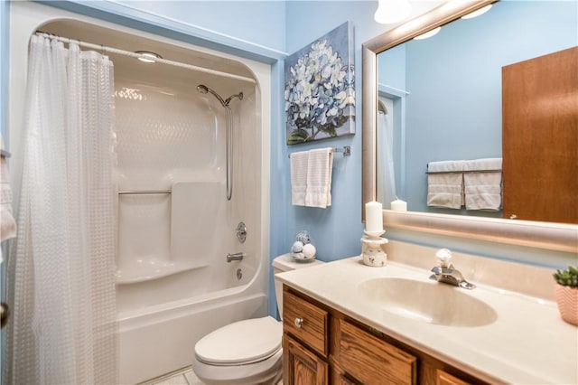 full bathroom featuring vanity, shower / bath combination with curtain, and toilet