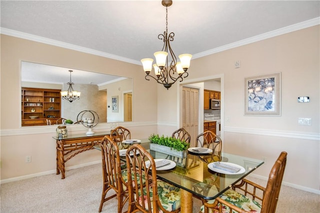 dining area featuring an inviting chandelier, ornamental molding, and light carpet