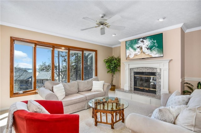 living room with crown molding, a premium fireplace, and a textured ceiling