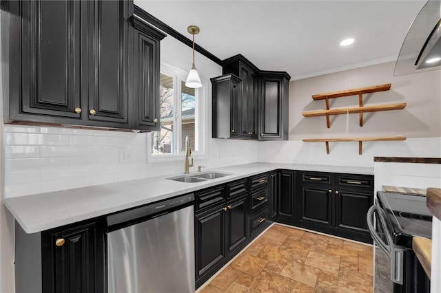 kitchen featuring electric stove, sink, dishwasher, hanging light fixtures, and ornamental molding