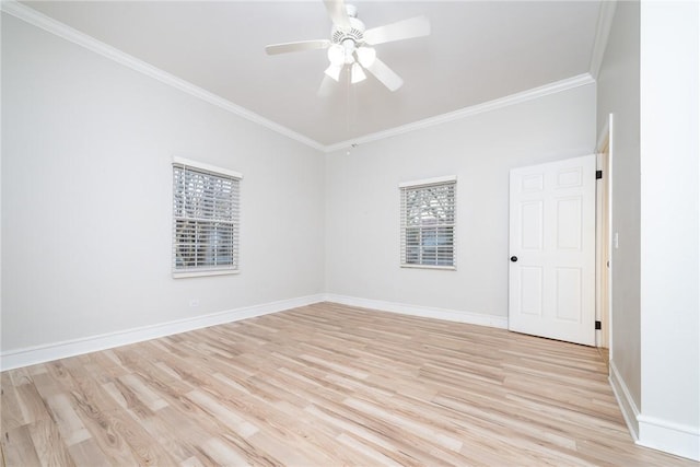 unfurnished room featuring ceiling fan, ornamental molding, and light wood-type flooring