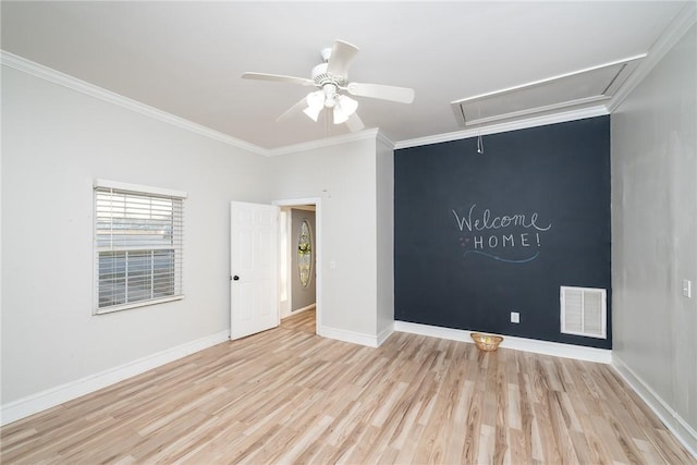 unfurnished room with crown molding, ceiling fan, and light wood-type flooring