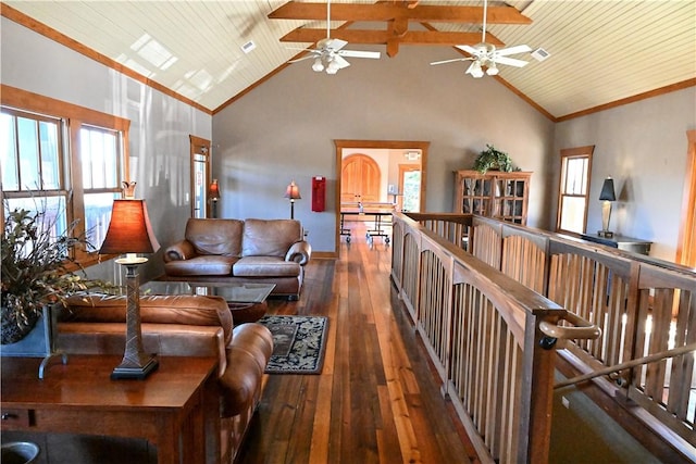 living room featuring ornamental molding, dark wood-type flooring, high vaulted ceiling, and wooden ceiling