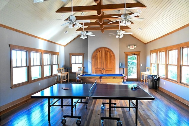 playroom featuring wooden ceiling, plenty of natural light, dark hardwood / wood-style flooring, and vaulted ceiling with beams