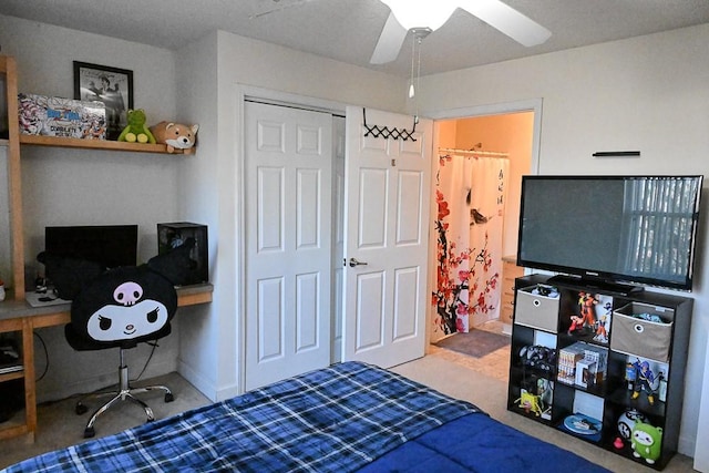 bedroom featuring carpet flooring and ceiling fan