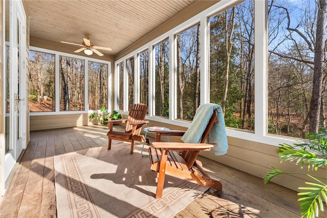 sunroom featuring wooden ceiling and ceiling fan