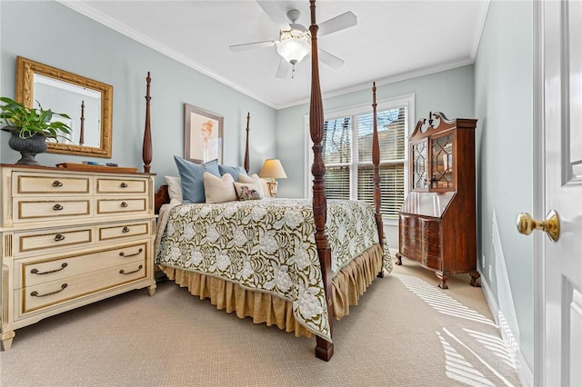 bedroom featuring light carpet, ornamental molding, and ceiling fan