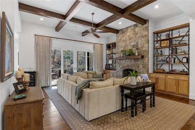 800 Mirror Lake Ct, Salem, SC 29676 - living room with a fireplace, hardwood / wood-style flooring, coffered ceiling, ceiling fan, and beam ceiling