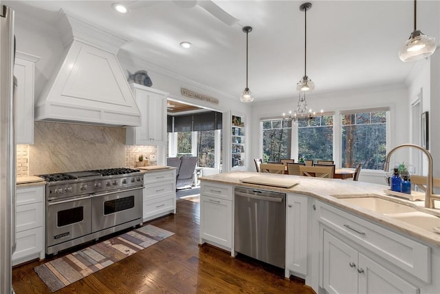 800 Mirror Lake Ct, Salem, SC 29676 - kitchen with pendant lighting, sink, white cabinets, stainless steel appliances, and custom range hood