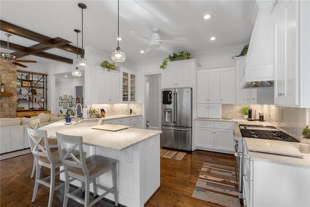 800 Mirror Lake Ct, Salem, SC 29676 - kitchen featuring custom exhaust hood, appliances with stainless steel finishes, white cabinets, and ceiling fan