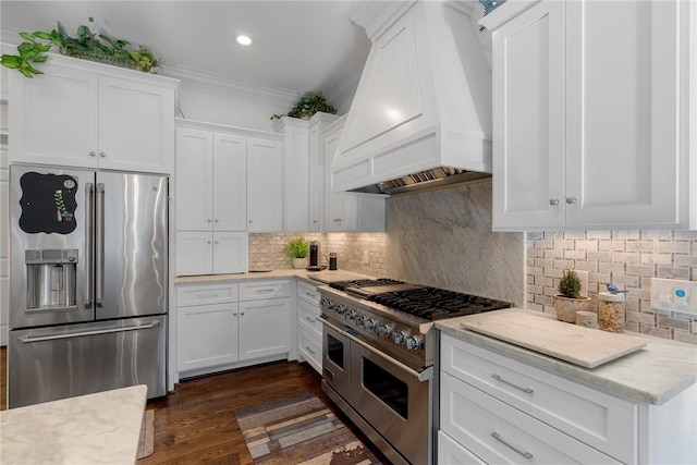 800 Mirror Lake Ct, Salem, SC 29676 - kitchen featuring stainless steel appliances, custom exhaust hood, white cabinets, ornamental molding, and dark wood-style flooring