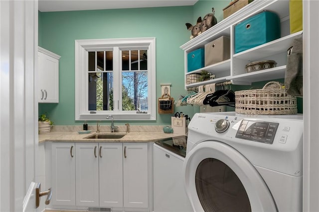 800 Mirror Lake Ct, Salem, SC 29676 - laundry room featuring cabinets, sink, and washer and dryer