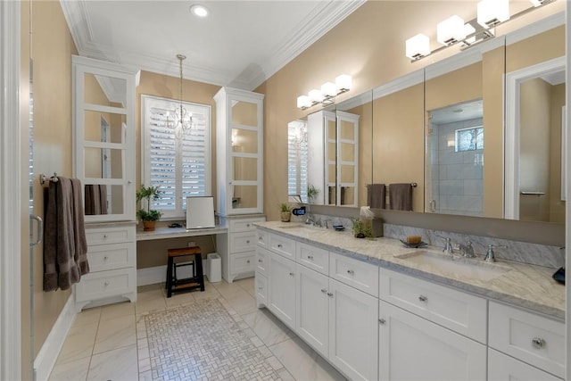 800 Mirror Lake Ct, Salem, SC 29676 - bathroom with an enclosed shower, crown molding, vanity, and a chandelier
