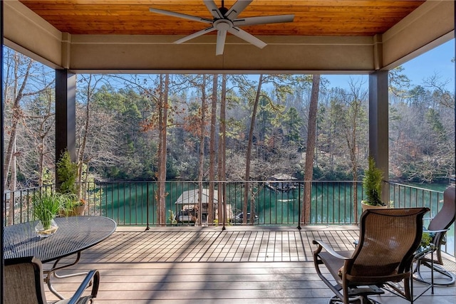 800 Mirror Lake Ct, Salem, SC 29676 - sunroom with a water view, ceiling fan, plenty of natural light, and wooden ceiling