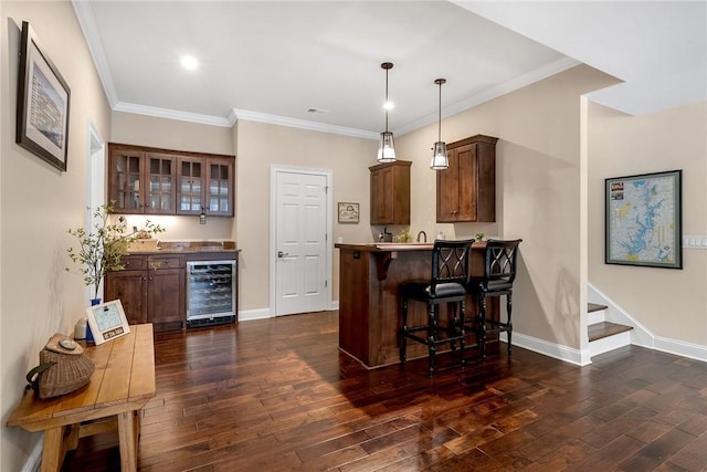 800 Mirror Lake Ct, Salem, SC 29676 - bar featuring wine cooler, dark hardwood / wood-style flooring, crown molding, and pendant lighting