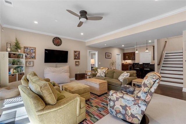 800 Mirror Lake Ct, Salem, SC 29676 - living room featuring hardwood / wood-style flooring, crown molding, and ceiling fan