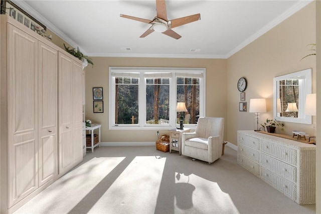 800 Mirror Lake Ct, Salem, SC 29676 - living area featuring crown molding, light colored carpet, and ceiling fan