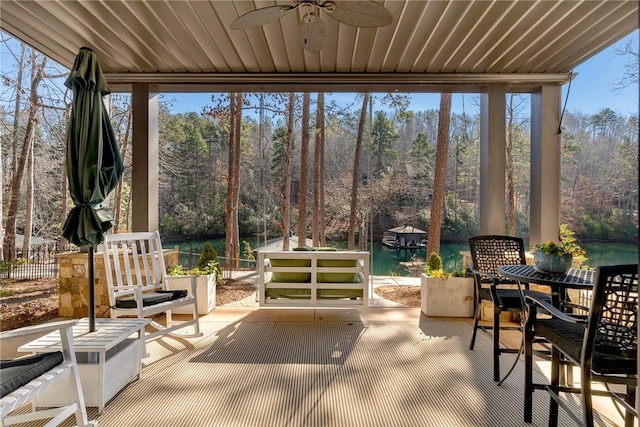 800 Mirror Lake Ct, Salem, SC 29676 - sunroom with ceiling fan, a water view, plenty of natural light, and expansive windows