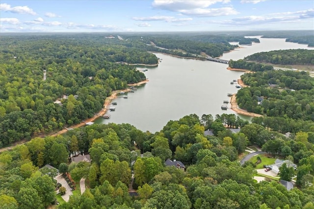 drone / aerial view featuring a water view and a forest view