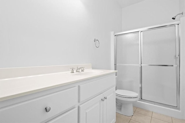 full bath featuring vanity, tile patterned flooring, a shower stall, and toilet