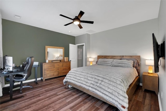 bedroom featuring hardwood / wood-style flooring and ceiling fan