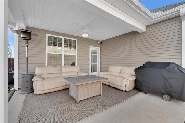 view of patio with ceiling fan, an outdoor hangout area, and area for grilling