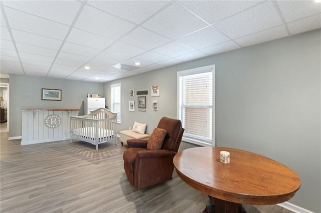 living room featuring a healthy amount of sunlight, a drop ceiling, and light hardwood / wood-style flooring