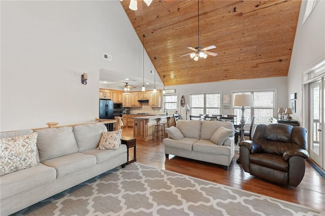 living room with wood ceiling, ceiling fan, high vaulted ceiling, and light wood-type flooring