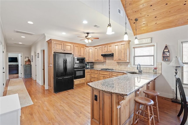 kitchen with sink, black fridge, built in microwave, decorative light fixtures, and kitchen peninsula