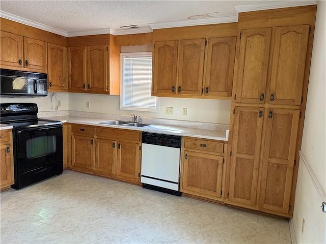 kitchen featuring sink, ornamental molding, black appliances, and a textured ceiling