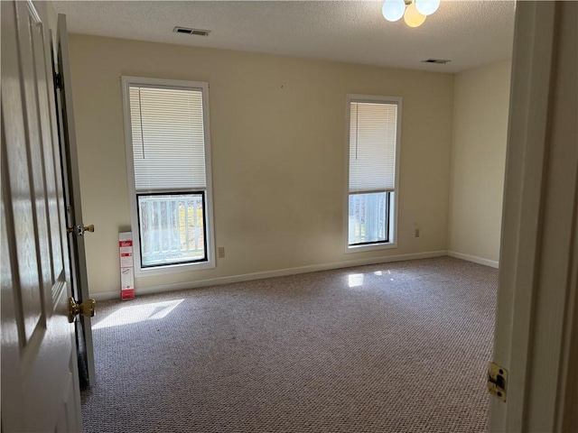 spare room featuring carpet floors and a textured ceiling