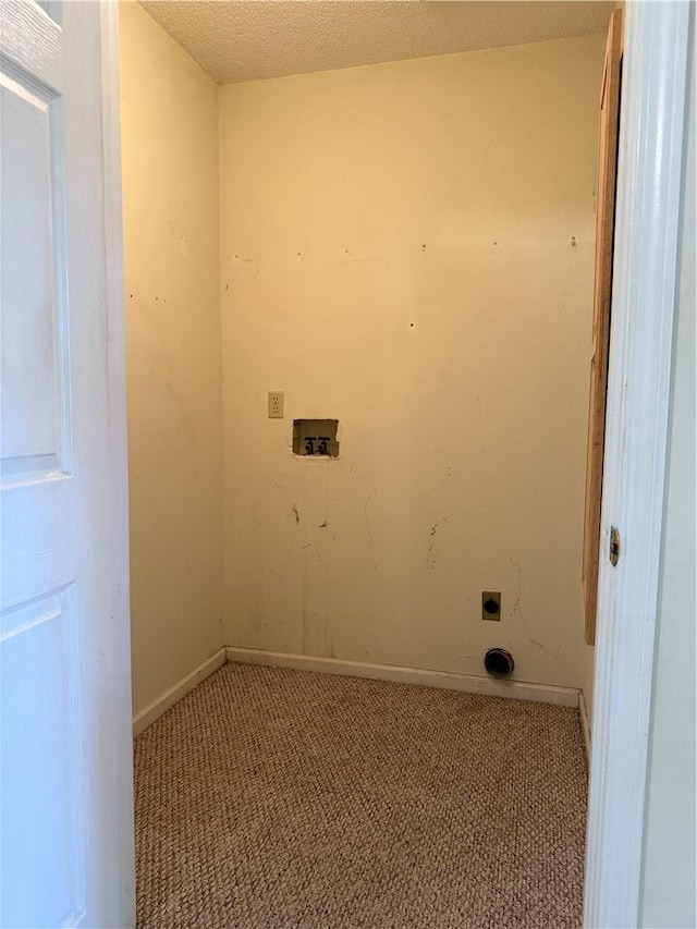 washroom featuring electric dryer hookup, washer hookup, light carpet, and a textured ceiling