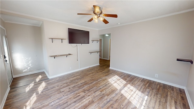 unfurnished living room with ceiling fan, ornamental molding, and hardwood / wood-style floors