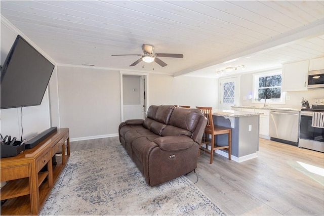 living room with crown molding, ceiling fan, wood ceiling, and light hardwood / wood-style floors