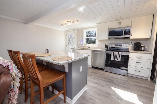 kitchen featuring white cabinetry, light hardwood / wood-style flooring, wooden ceiling, appliances with stainless steel finishes, and a kitchen island