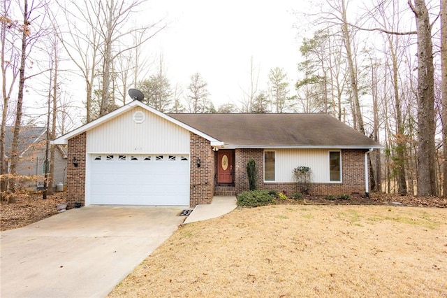 ranch-style house with a garage and a front lawn