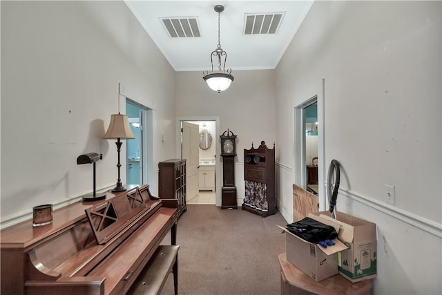 misc room featuring dark colored carpet and crown molding