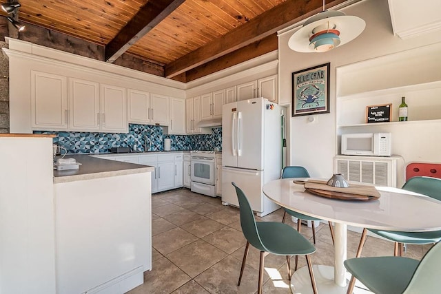 kitchen featuring white cabinetry, decorative backsplash, white appliances, wooden ceiling, and beam ceiling