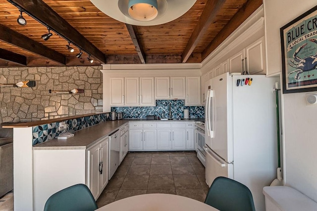 kitchen with wood ceiling, white appliances, backsplash, beam ceiling, and white cabinets