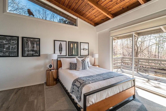 bedroom with beamed ceiling, high vaulted ceiling, and wood ceiling