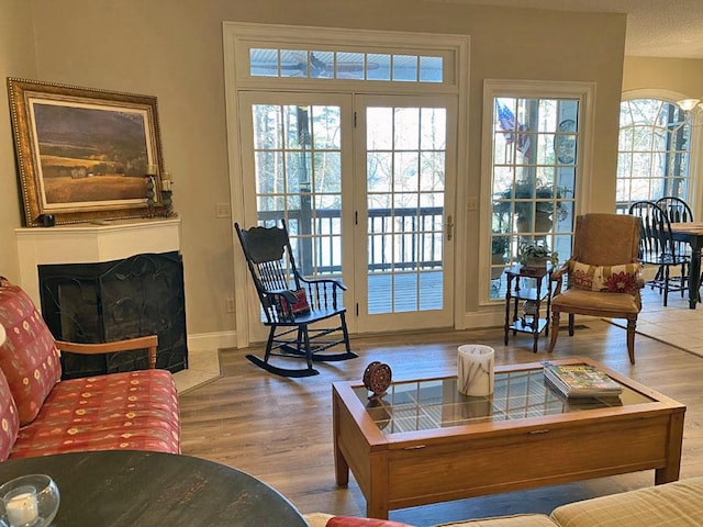 living room featuring wood-type flooring and a textured ceiling