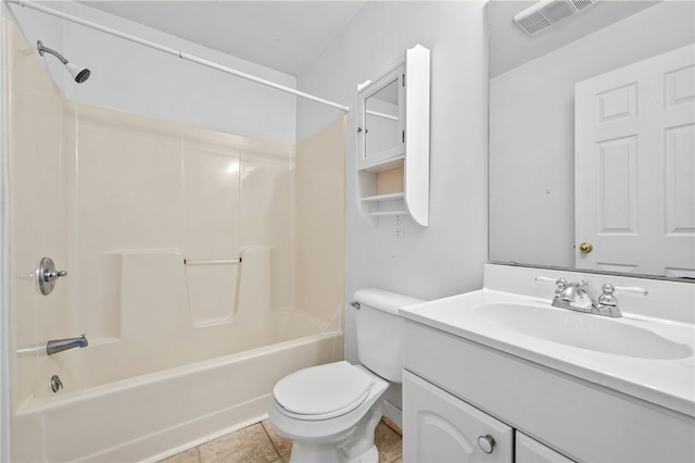 full bath with tile patterned flooring, toilet, shower / bath combination, vanity, and visible vents