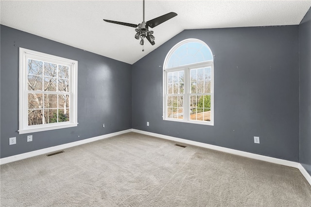 empty room with visible vents, a wealth of natural light, and carpet flooring