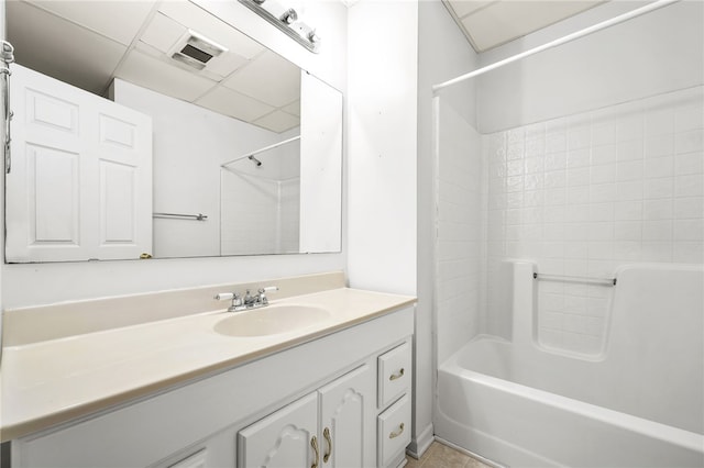 full bathroom with tile patterned floors, visible vents, vanity, and shower / bathtub combination